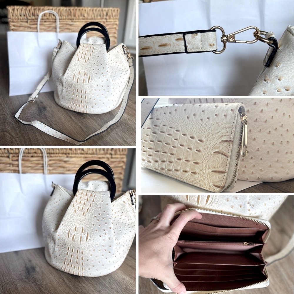 Vegan Peacock/NWOT/Convertible Bucket Handbag/Neutral/Matching Wallet included